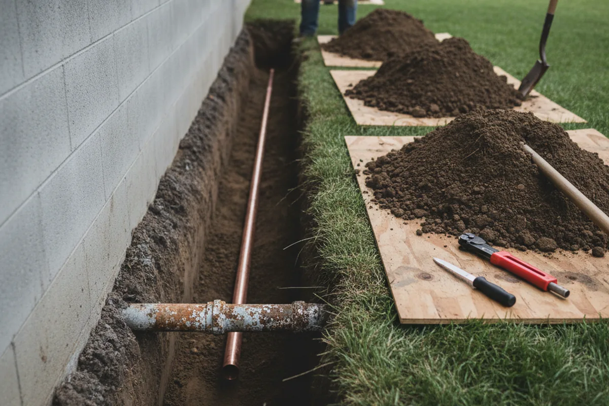 Excavated water line trench during Water Heater Repair in Lake George